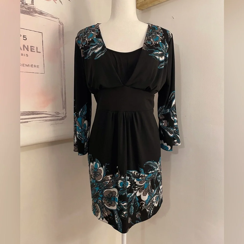 3 Quarter Length Sleeves Dress Black with Flower Design Size L